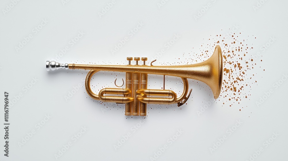 Naklejka premium a glossy trumpet sticker, 3D effect, realistic texture, golden metallic finish, isolated on white background