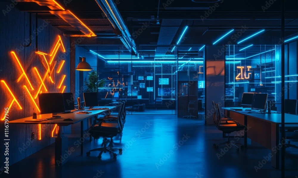 Dark futuristic office with blue neon lights and some orange flashes. Dark futuristic office with blue neon lights and some orange flashes.