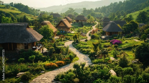 A scenic village with traditional thatched-roof cottages surrounded by vibrant gardens, winding stone pathways, and lush green rolling hills.  photo