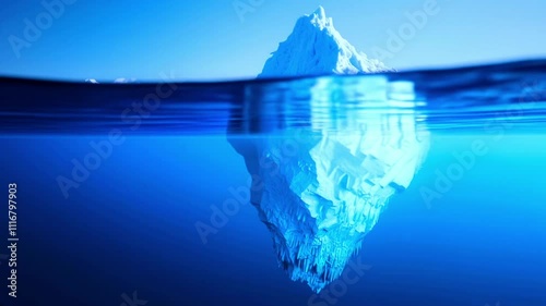 Iceberg in the ocean showing underwater and above-water parts: aesthetic view of nature's massive frozen formation