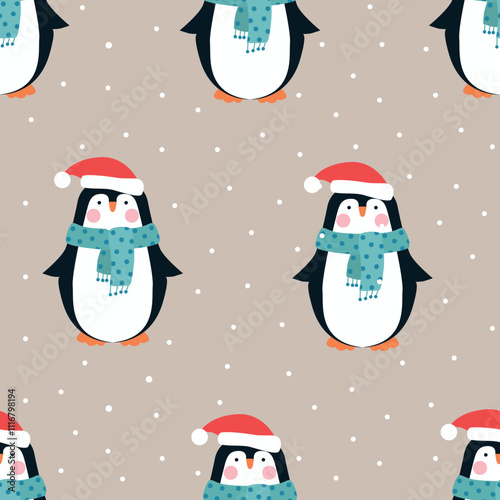 Seamless Christmas pattern with cartoon penguins and snow. 