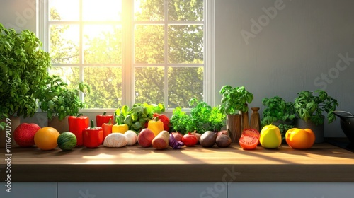 A sunlit kitchen with colorful vegetables and fruits arranged on a wooden counter, complemented by vibrant green plants and natural light streaming through a window. photo