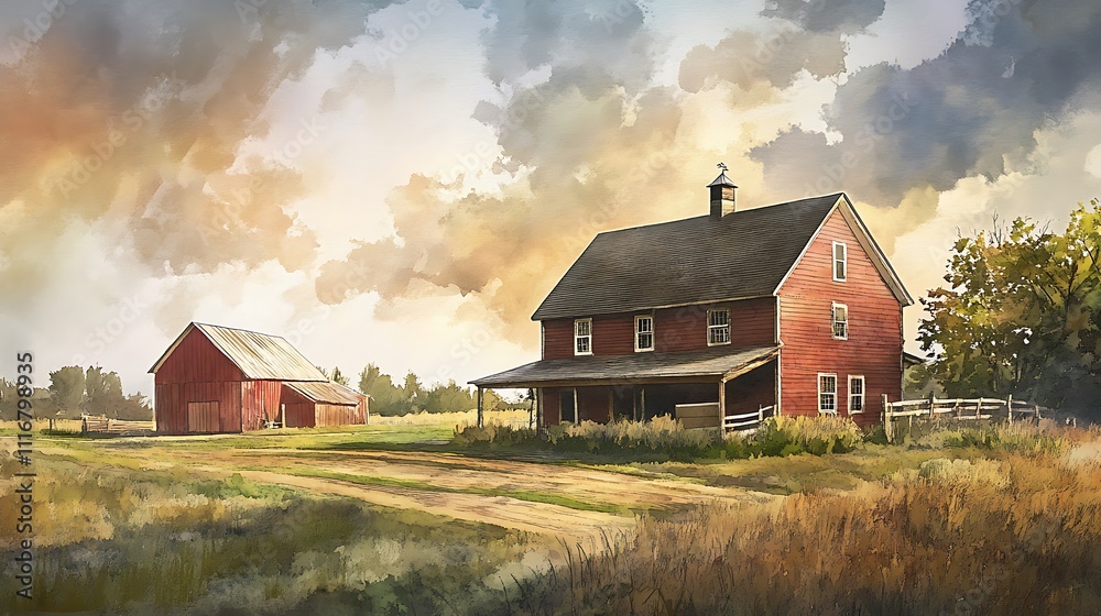 Fototapeta premium A serene rural landscape featuring a red farmhouse and barn under a dramatic sky.