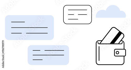 Wallet with cards, cloud, and message boxes representing secure online payments, cloud storage, and digital communication. Ideal for finance, fintech, secure transactions, e-commerce cloud services