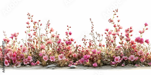 Pink Flower Meadow Illustration, Delicate Floral Border, Romantic Spring Background