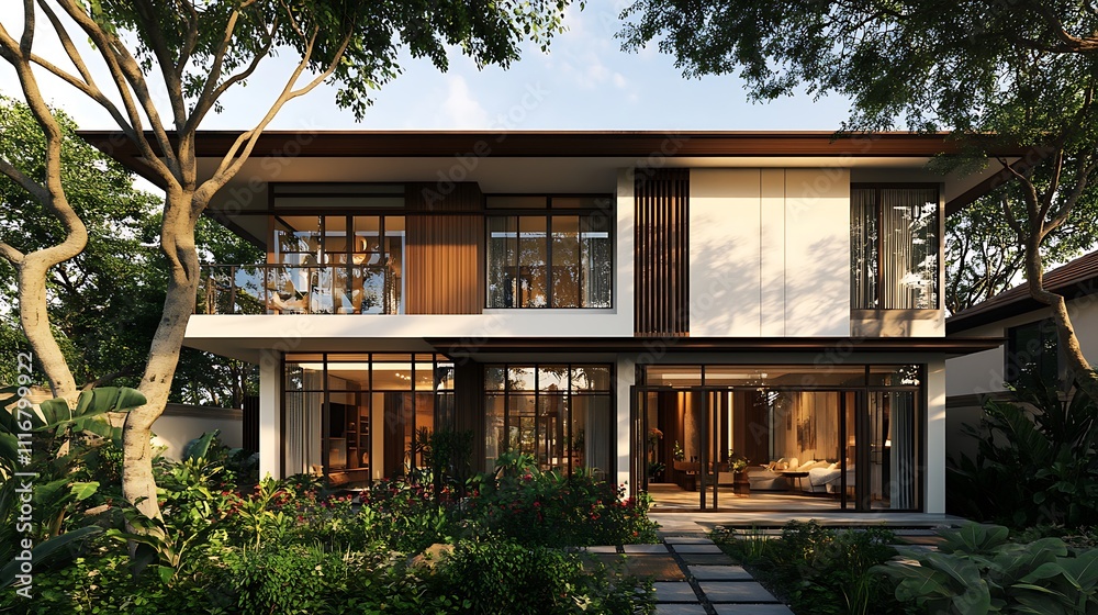 Fototapeta premium Modern two-story house surrounded by lush greenery and a well-designed garden.