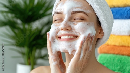 Relaxing facial cleansing routine spa setting skincare tutorial indoor environment close-up view self-care concept