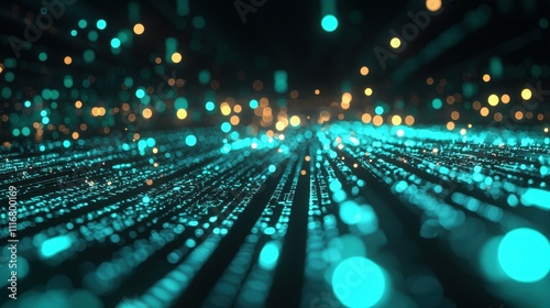 Streaming glowing green binary patterns in a futuristic digital cyber environment