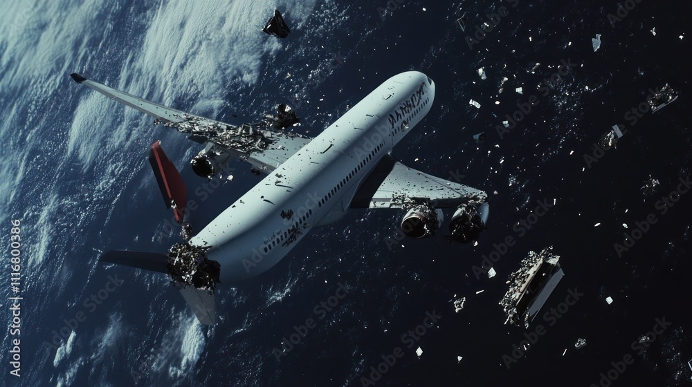 Obraz premium An airplane drifting through space among debris, highlighting the issue of space pollution.