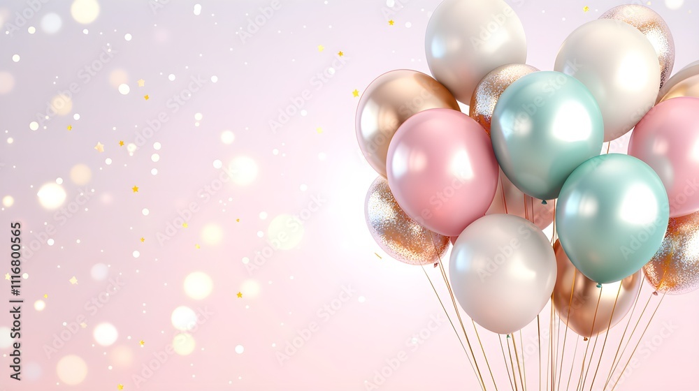 Gradient sky in soft pastels with floating balloons and shimmering stars, baby shower theme, 3D-rendered, gentle and peaceful tones, elegant background Gradient sky in soft pastels with floating balloons and shimmering stars, baby shower theme, 3D-rendered, gentle and peaceful tones, elegant background