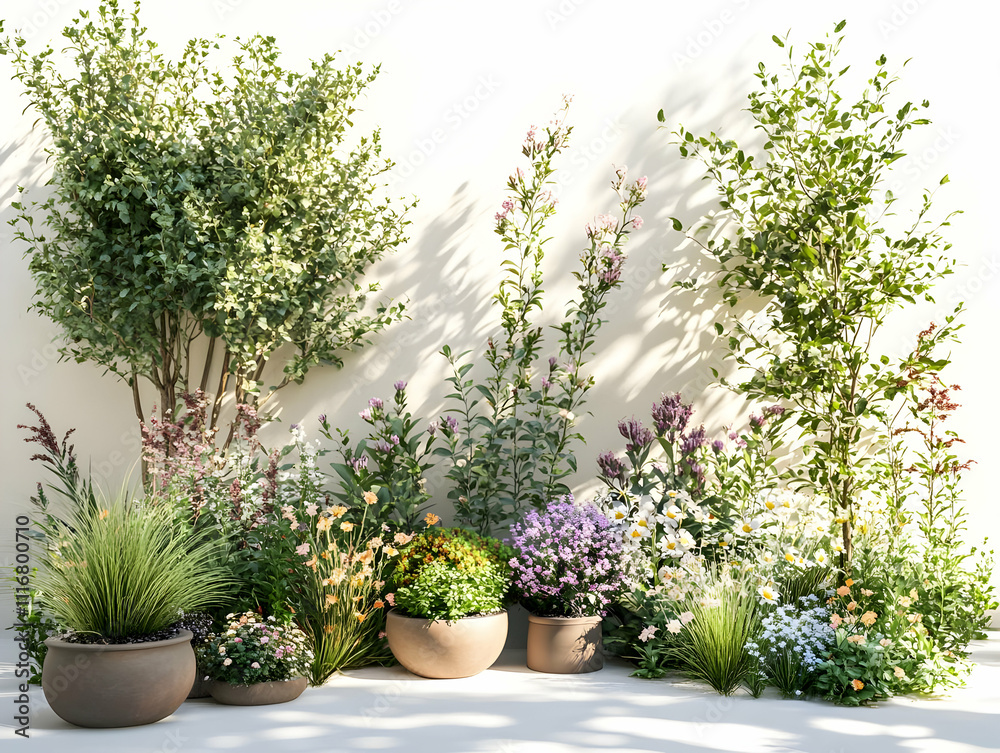 Fototapeta premium 3D Render of a Lush Garden Scene with Potted Plants and Flowers against a White Wall