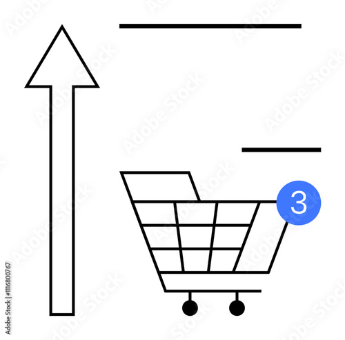Upward arrow, wireframe shopping cart with three items notification in blue circle. Ideal for online shopping, e-commerce growth, digital marketing, retail analytics, sales progress, consumer