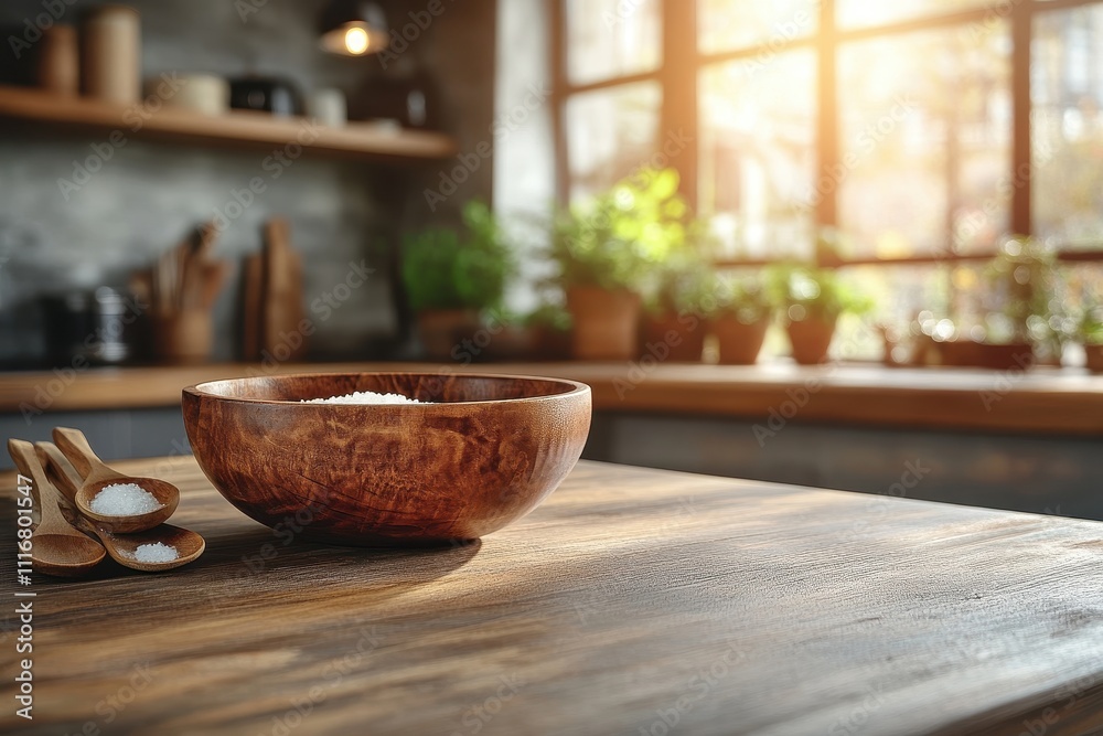 Minimalist wooden table top with a warm kitchen background, offering a cozy ambiance. Minimalist wooden table top with a warm kitchen background, offering a cozy ambiance.