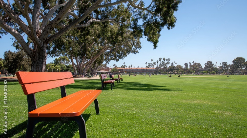 Relaxing park scene with benches under trees urban park photography sunny day wide angle serenity and nature Relaxing park scene with benches under trees urban park photography sunny day wide angle serenity and nature