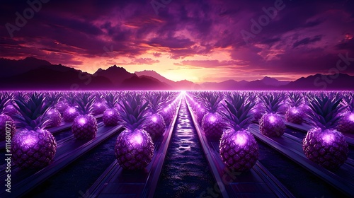 Fantasy pineapple orchard under a purple and orange sky, magical glowing fruits, mystical atmosphere, enchanted forest feel, fantasy, oil painting, vibrant, mystical lighting photo