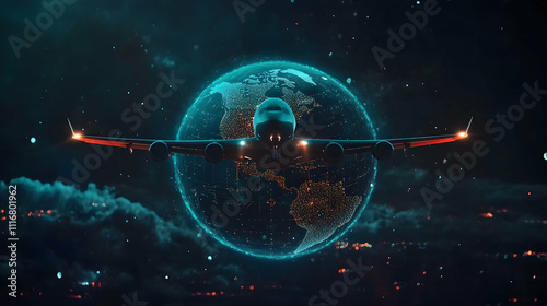 Hologram of an airplane flying around a digital earth globe, symbolizing future technology, globalization, worldwide travel, and augmented realityhigh quality image photo