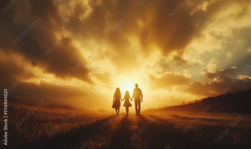 Silhouettes of a family holding hands, casting long shadows as they walk towards a bright sunset, symbolizing unity and love. Silhouettes of a family holding hands, casting long shadows as they walk towards a bright sunset, symbolizing unity and love.