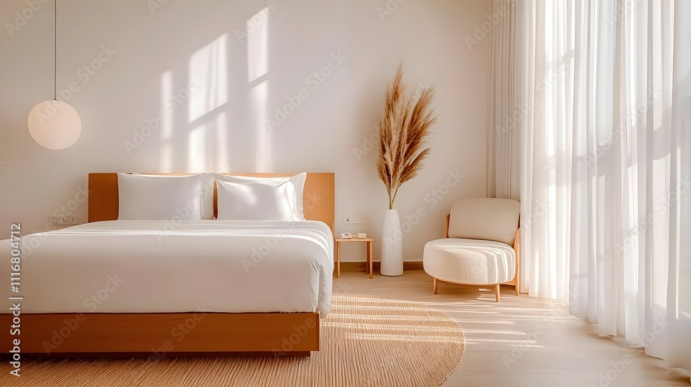 A tranquil hostel room with earthy hues, minimalistic decor, large window pouring in sunlight, and a single armchair for a peaceful resting spot A tranquil hostel room with earthy hues, minimalistic decor, large window pouring in sunlight, and a single armchair for a peaceful resting spot