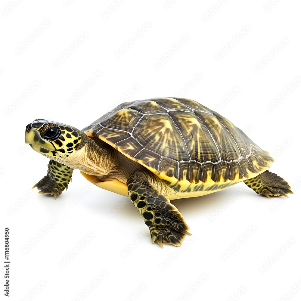 Obraz premium Close-Up of a Beautiful Tortoise with Intricate Shell Patterns on a Bright White Background, Perfect for Nature and Wildlife Themes in Photography