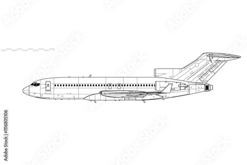 Boeing 727-100 Super 27. Vector drawing of mid-range jet airliner. Side view. Image for illustration and infographics. photo