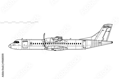 ATR 72-500. Vector drawing of turboprop short-haul regional airliner. Side view. Image for illustration and infographics.