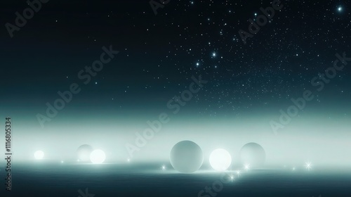 A minimalist abstract scene with a dark blue-to-black gradient background transitioning to misty white, featuring softly glowing white orbs and scattered star-like specks. photo