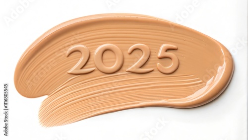 Writing 2025 with foundation cream, isolated on white background. Creating a swirl 2025 from foundation. Close up foundation detail photo isolated on white background photo