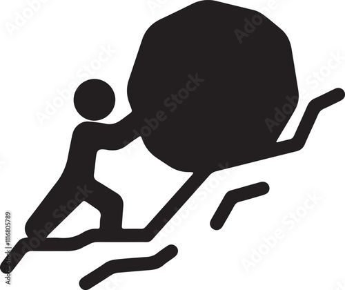 The illustration of an icon featuring a stickman pushing a large rock upward photo