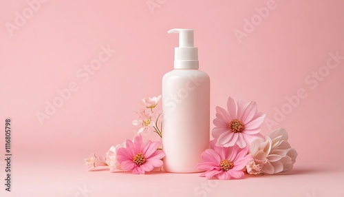 A pink bottle of lotion surrounded by flowers on a soft pink background.