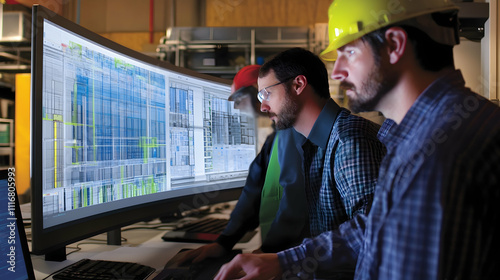 Team using BIM software to analyze the energy efficiency and sustainability of a building design, making changes to reduce environmental impacthigh quality image