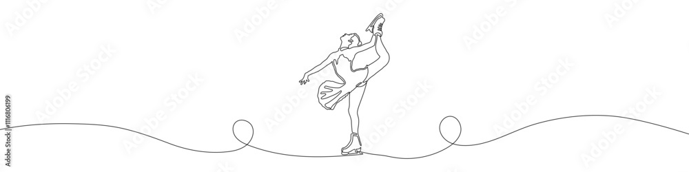 Fototapeta premium Figure skating continuous line drawing vector illustration. Woman, girl figure skater performs a spin. Winter sport