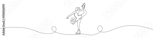 Figure skating continuous line drawing vector illustration. Woman, girl figure skater performs a spin. Winter sport