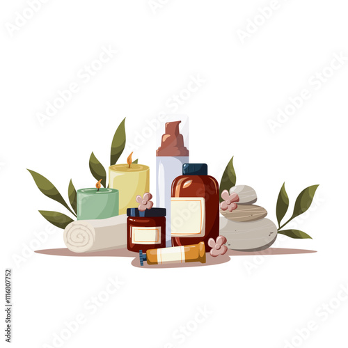 Spa set with bottles, towel, candles and spa rocks. Hand drawn vector illustration. Collection of organic cosmetics with leaves and flowers. Beauty, skincare, bodycare, cleansing concept photo