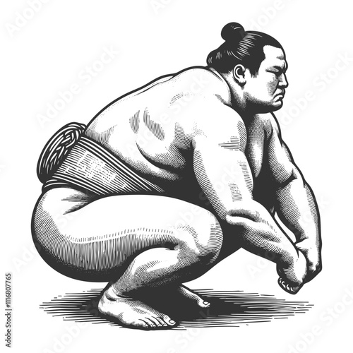 sumo wrestler crouching in a traditional pre-fight stance, emphasizing strength and discipline sketch engraving generative ai vector illustration. Scratch board imitation. Black and white image.