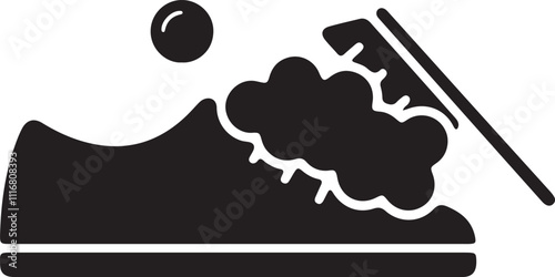 Illustration of a silhouette icon of shoes being washed with a soapy brush