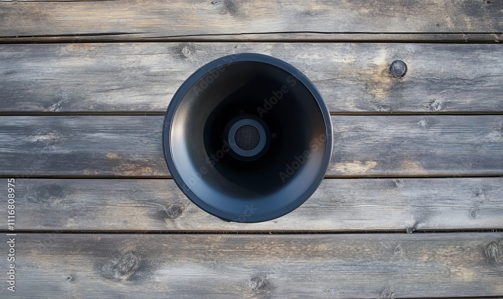 Megaphone placed on wooden surface, symbolizing traditional public discourse and participation in community life. Megaphone placed on wooden surface, symbolizing traditional public discourse and participation in community life.