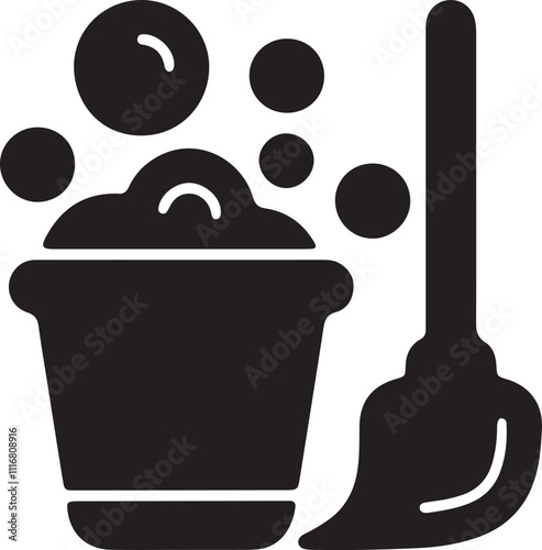 Illustration of an icon of a mop and a bucket filled with soapy water