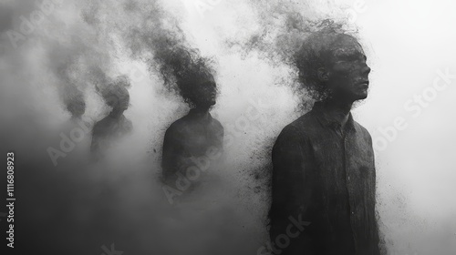 A surreal black-and-white image of a figure dissolving into fog, the concept of a mental disorder and problems such as dementia, dementia, absent-mindedness photo