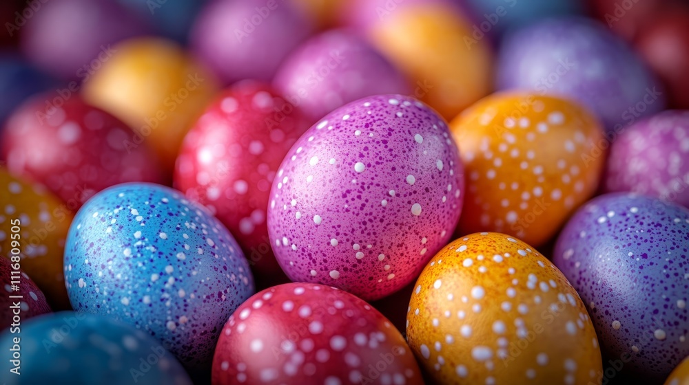 A bright collection of decorated Easter eggs in various colors with colorful patterns