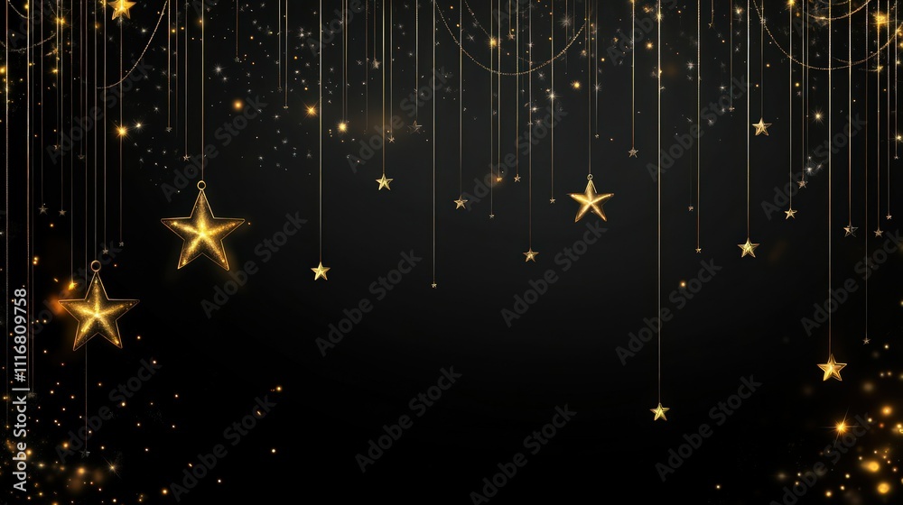 Fototapeta premium A luxurious black background with cascading golden stars and glowing strings of light, accented by sparkling golden bokeh for a minimalist and enchanting design.