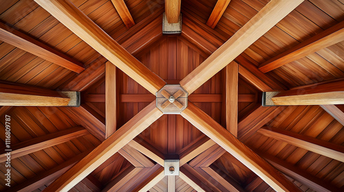 Wooden joints accentuating the rustic charm of a ceiling in a traditional hut showcasing craftsmanship and architecture