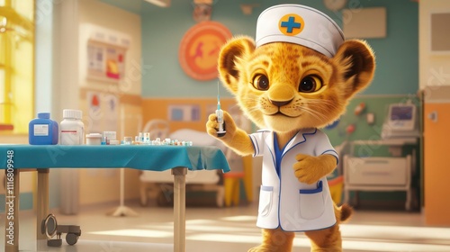 A lion cub in a nurse outfit with a hat, gently holding a syringe, standing near a hospital table with medication in a cheerful pediatric ward. photo