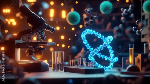 A high-tech research lab with a microscope, glowing test tubes, and a DNA helix of blue light, surrounded by molecular structures and particles.