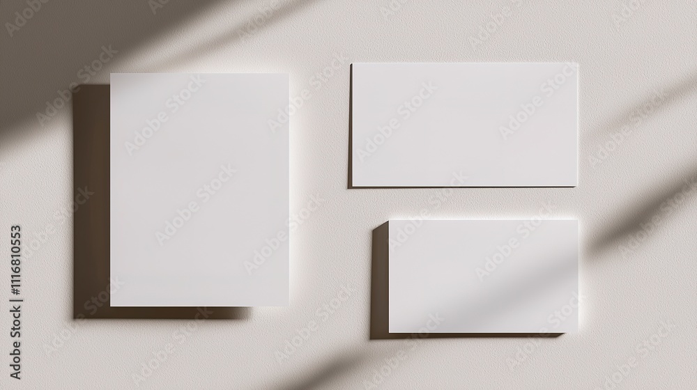 Three blank cards in varying sizes are displayed on a soft surface, casting gentle shadows, creating a minimalistic aesthetic. Three blank cards in varying sizes are displayed on a soft surface, casting gentle shadows, creating a minimalistic aesthetic.