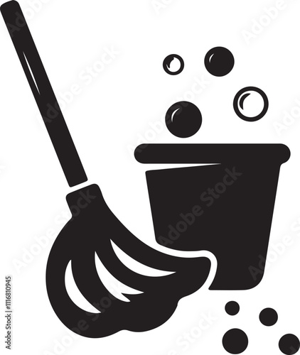 Illustration of an icon of a mop and a bucket filled with soapy water