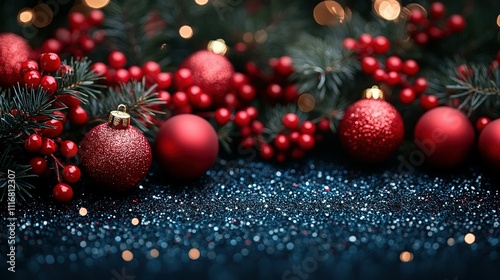 Festive Red Ornaments and Berries on Glittering Surface photo