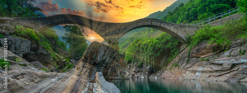 Panoramic Ancient double arch stone Roman bridge (Ponte dei Salti) over the clear water of the Verzasca river in Lavertezzo ,Verzasca Valley, Ticino Canton, Switzerland photo
