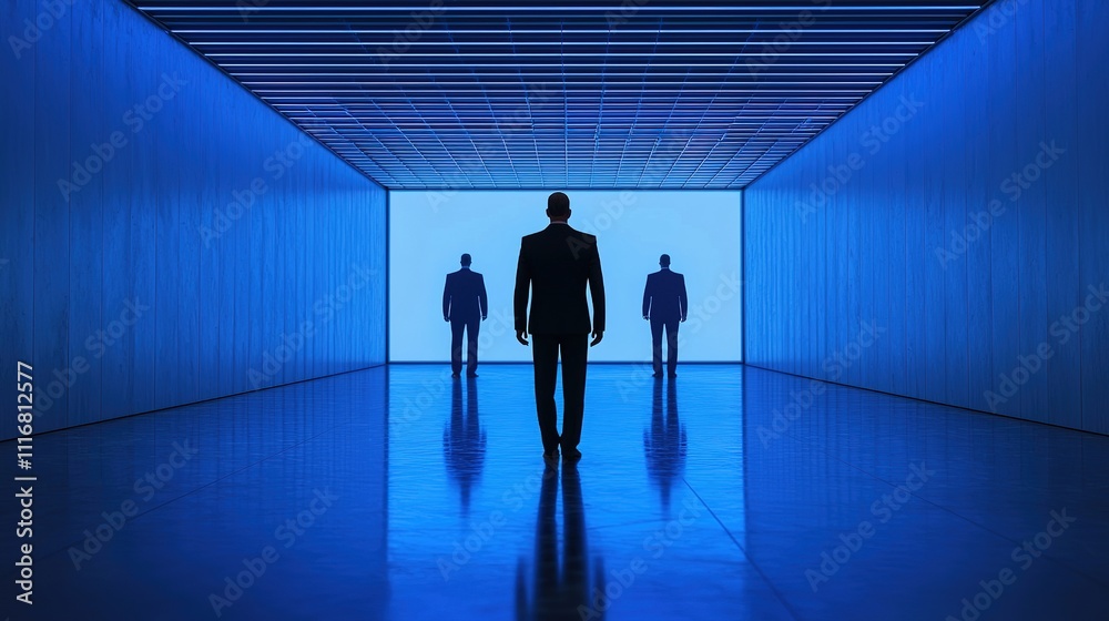 Fototapeta premium A silhouetted figure walks towards a glowing blue backdrop, flanked by two shadowy forms in a modern, minimalist corridor.
