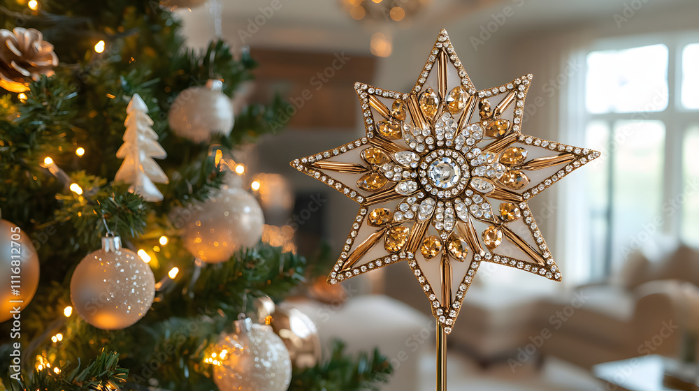 A Beautifully Decorated Christmas Tree with a Sparkling Star Topper Radiating Warmth and Joy A Beautifully Decorated Christmas Tree with a Sparkling Star Topper Radiating Warmth and Joy