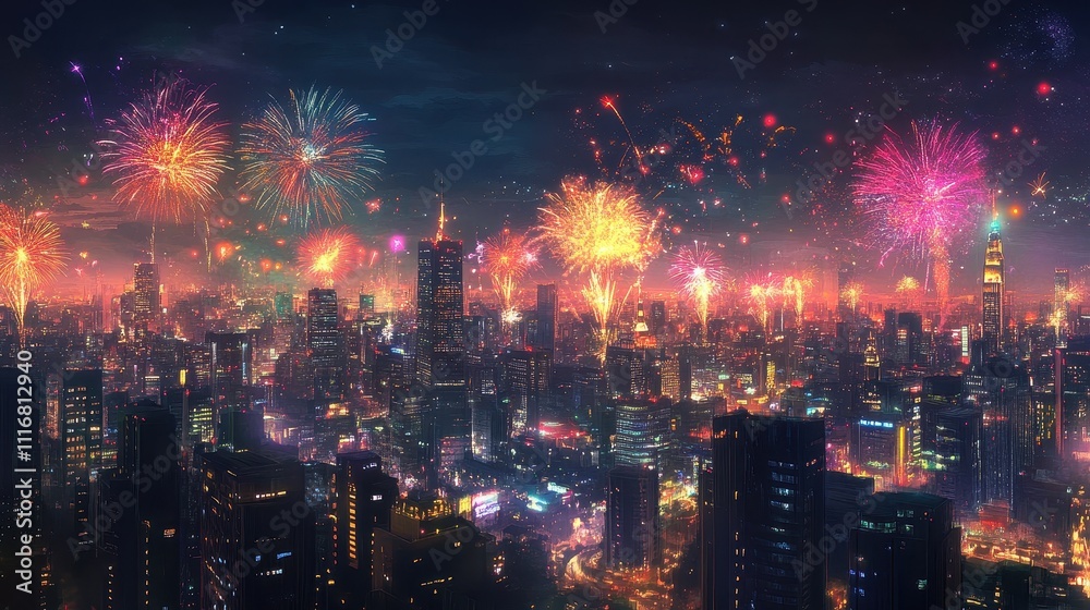Fototapeta premium Magnificent Cityscape with Breathtaking Fireworks Display over the Glittering Metropolis